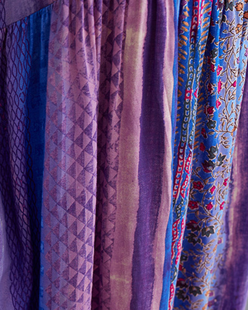 Purple And Blue Ethnic Style Stitching Mid-sleeve Large-swing Dress