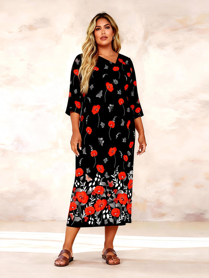 Irregular Collar Lipstick Poppy Butterfly Print Mid Sleeve Straight Maxi Dresses