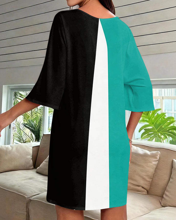 Tricolor Vertical Colorblock Printed V-Neck Mini Dresses