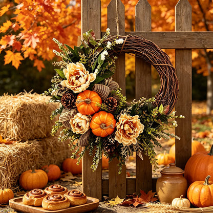 Thanksgiving Artificial Pinecone, Pumpkin, and Rose Vine Wreath Wall Hanging