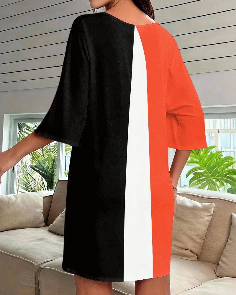 Tricolor Vertical Colorblock Printed V-Neck Mini Dresses