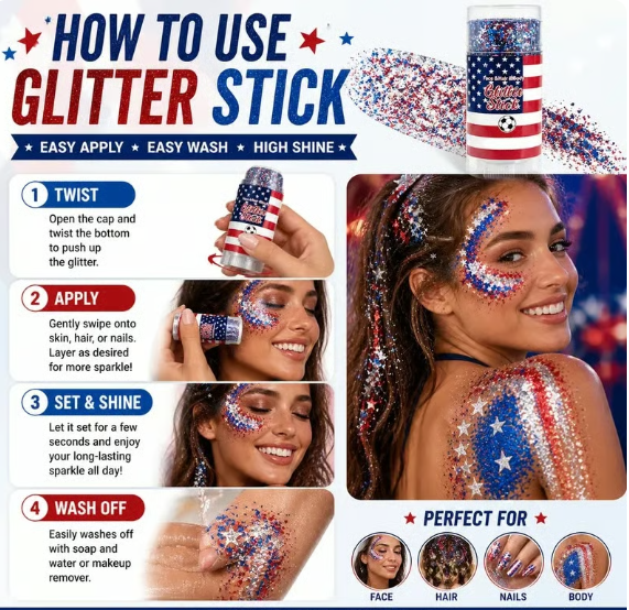 Patriotic Glitter Stick, Safe Non-Toxic for Face, Hair, Nails