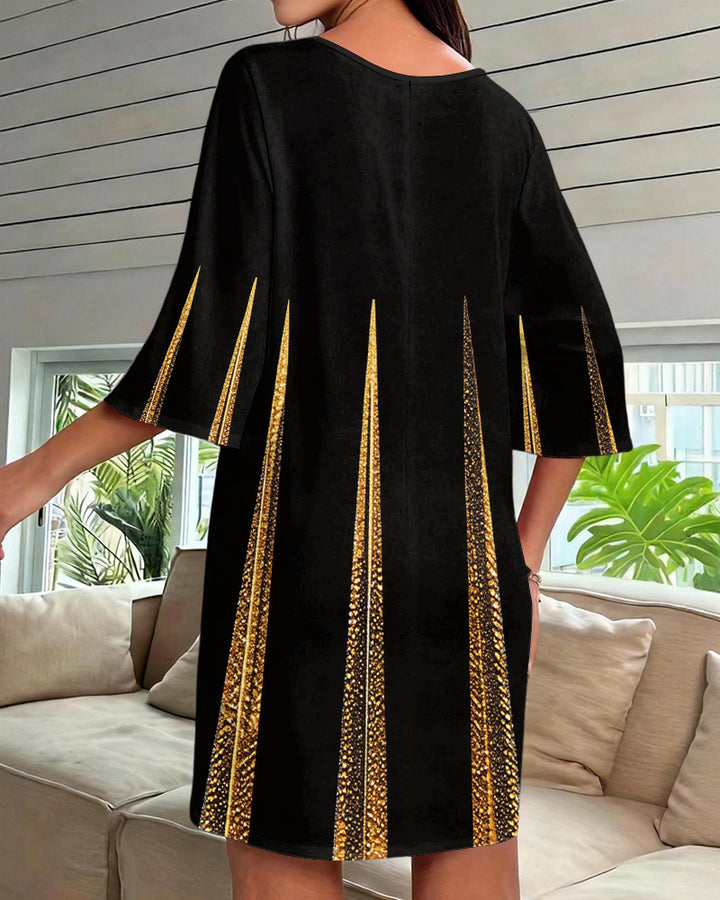 Black Gold Line Print V-Neck Mini Dresses