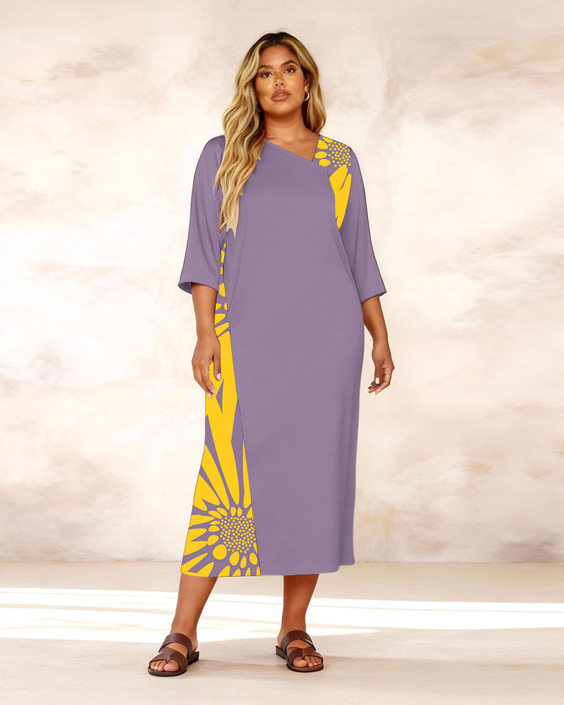 Irregular Neckline Contrast Sunflower Print Mid-sleeve Straight Maxi Dresses