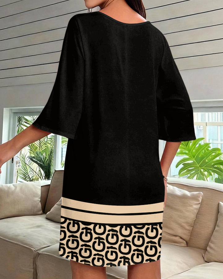 Black G Letter Print V-Neck Mini Dresses