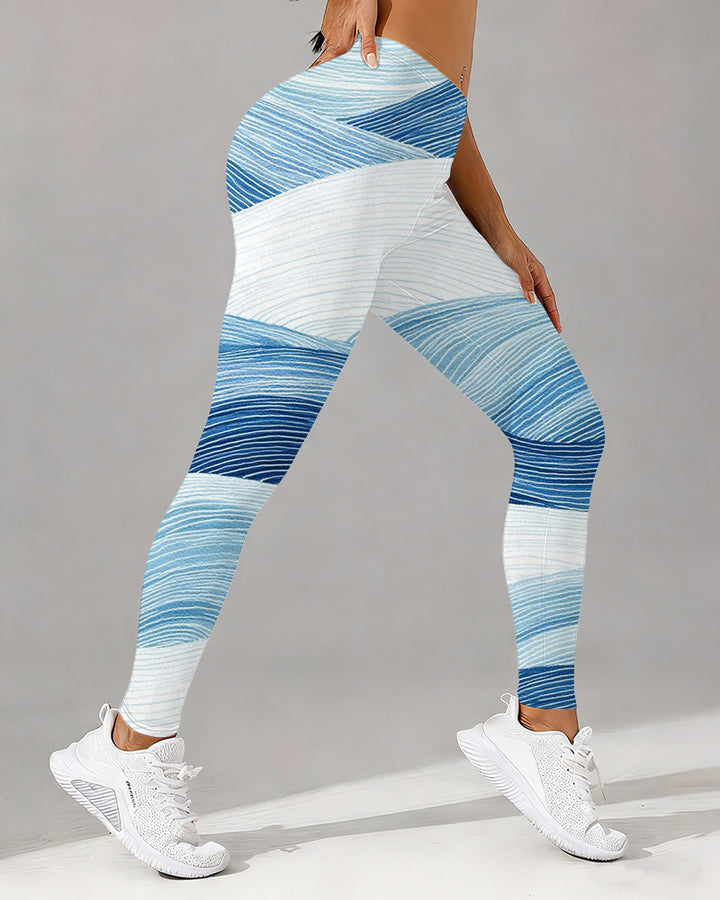Color-blocked Wave Print High-waisted Fitted Stretchy Leggings
