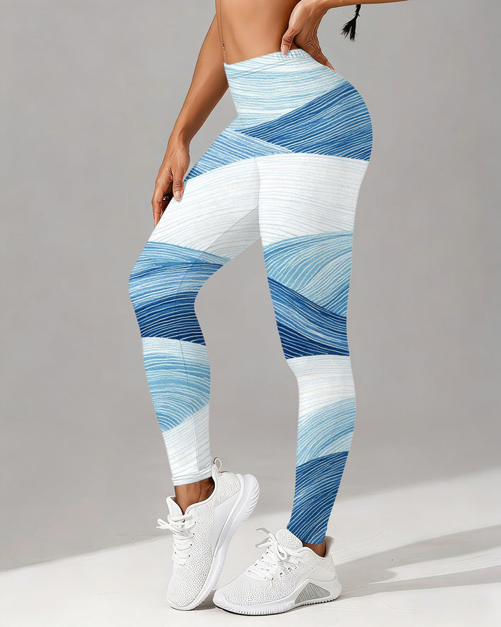 Color-blocked Wave Print High-waisted Fitted Stretchy Leggings