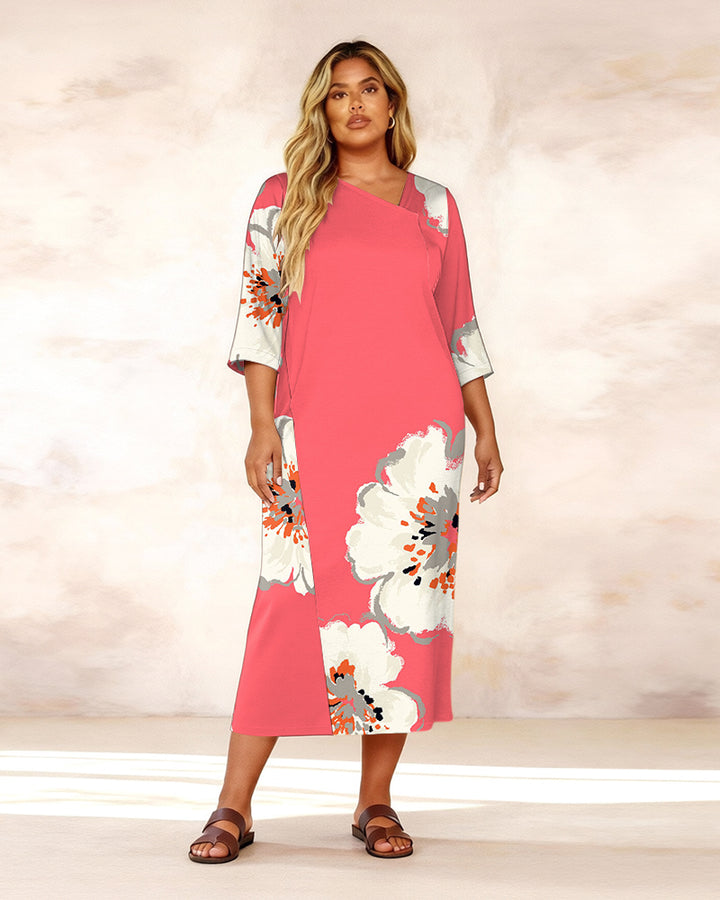 Irregular Neckline Ink White Flower Print Middle Sleeve Straight Maxi Dresses