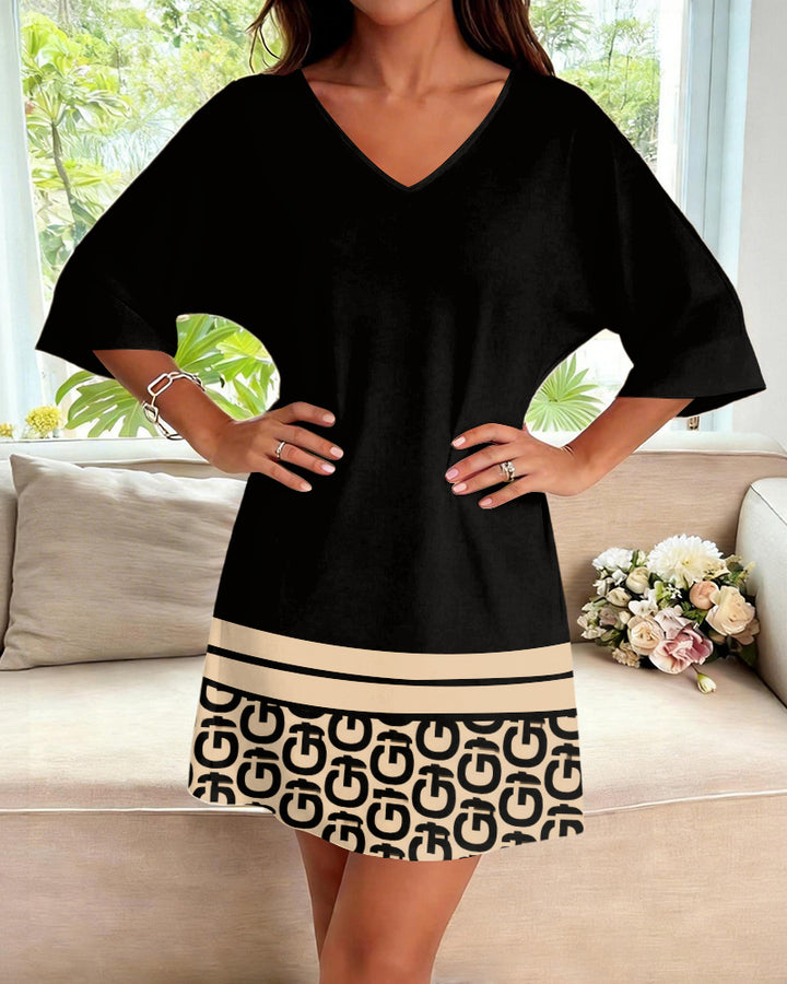 Black G Letter Print V-Neck Mini Dresses