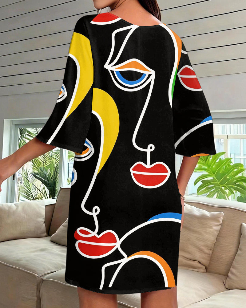 Black Background Abstract Face Line Printing V-neck Mini Dresses