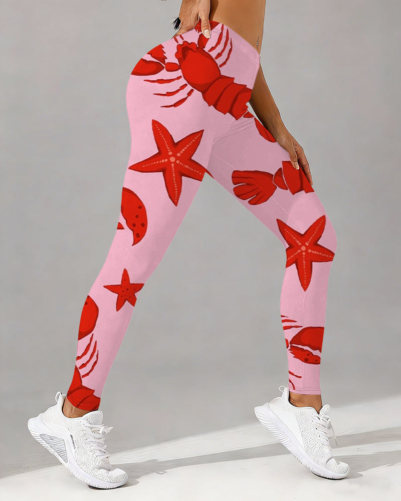 Fun Red Shrimp and Starfish High-waisted Fitted Stretchy Leggings
