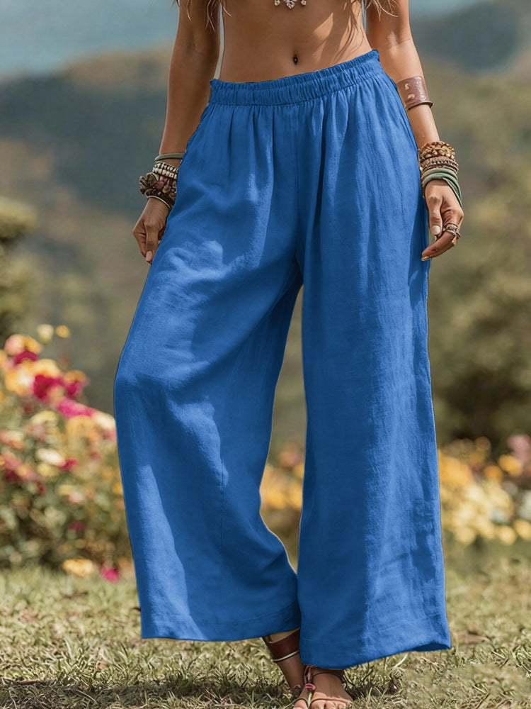 Solid Color Side Bag Elastic Waist Cotton Linen Wide Leg Pants