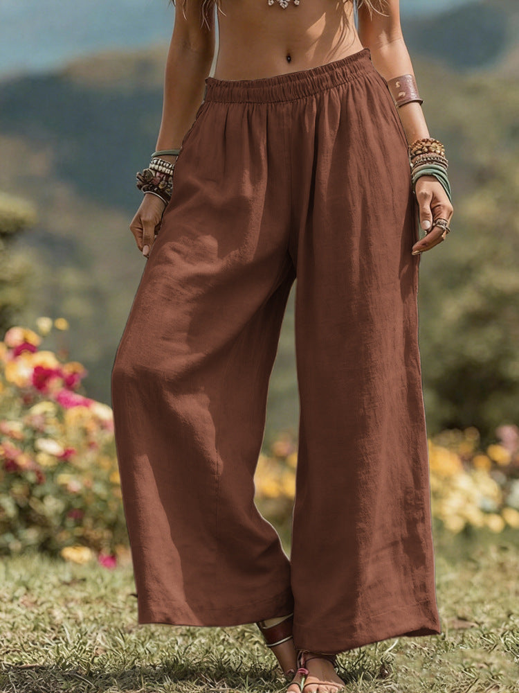 Solid Color Side Bag Elastic Waist Cotton Linen Wide Leg Pants