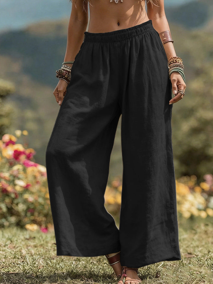 Solid Color Side Bag Elastic Waist Cotton Linen Wide Leg Pants