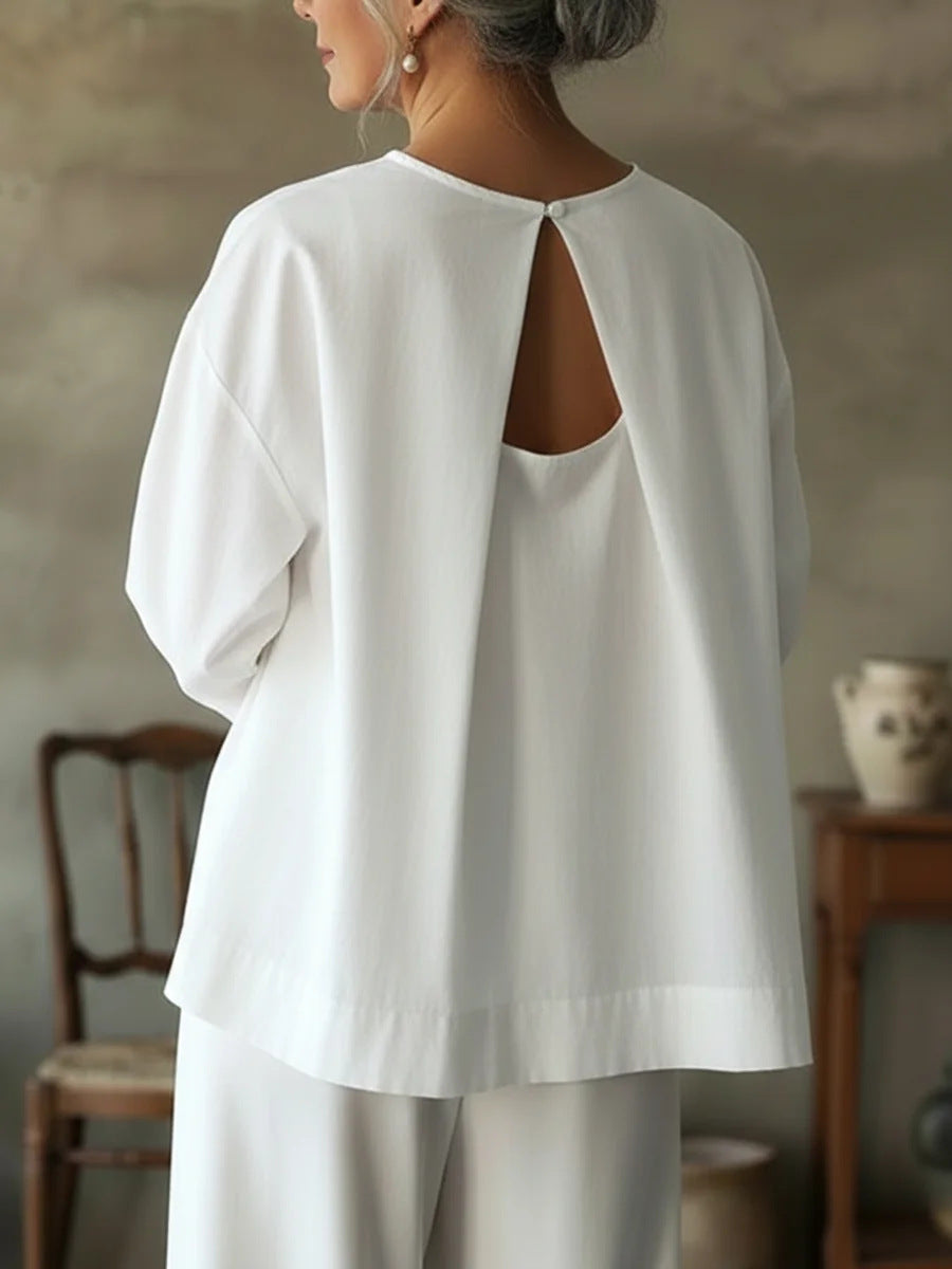Elegant Open Back Short Sleeve Shirt Round Neck Top
