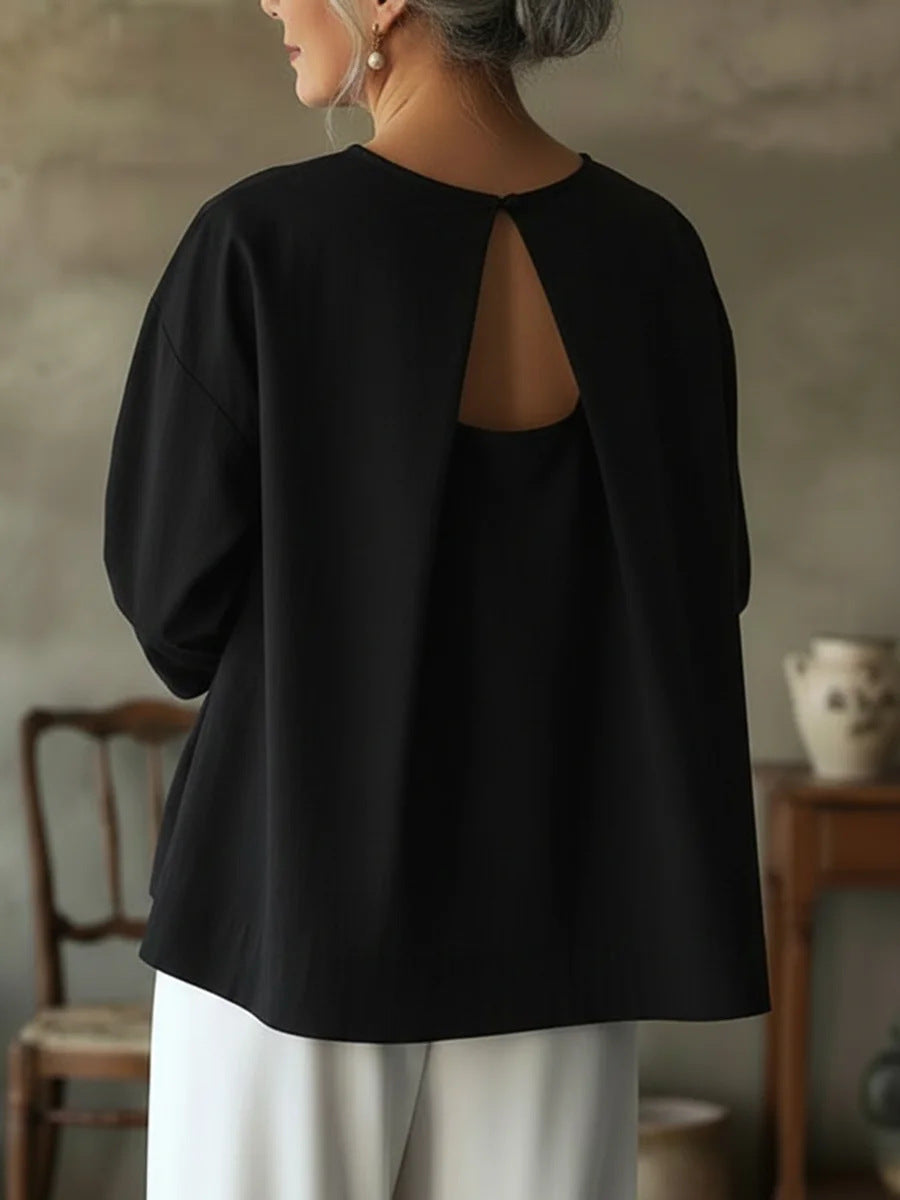 Elegant Open Back Short Sleeve Shirt Round Neck Top
