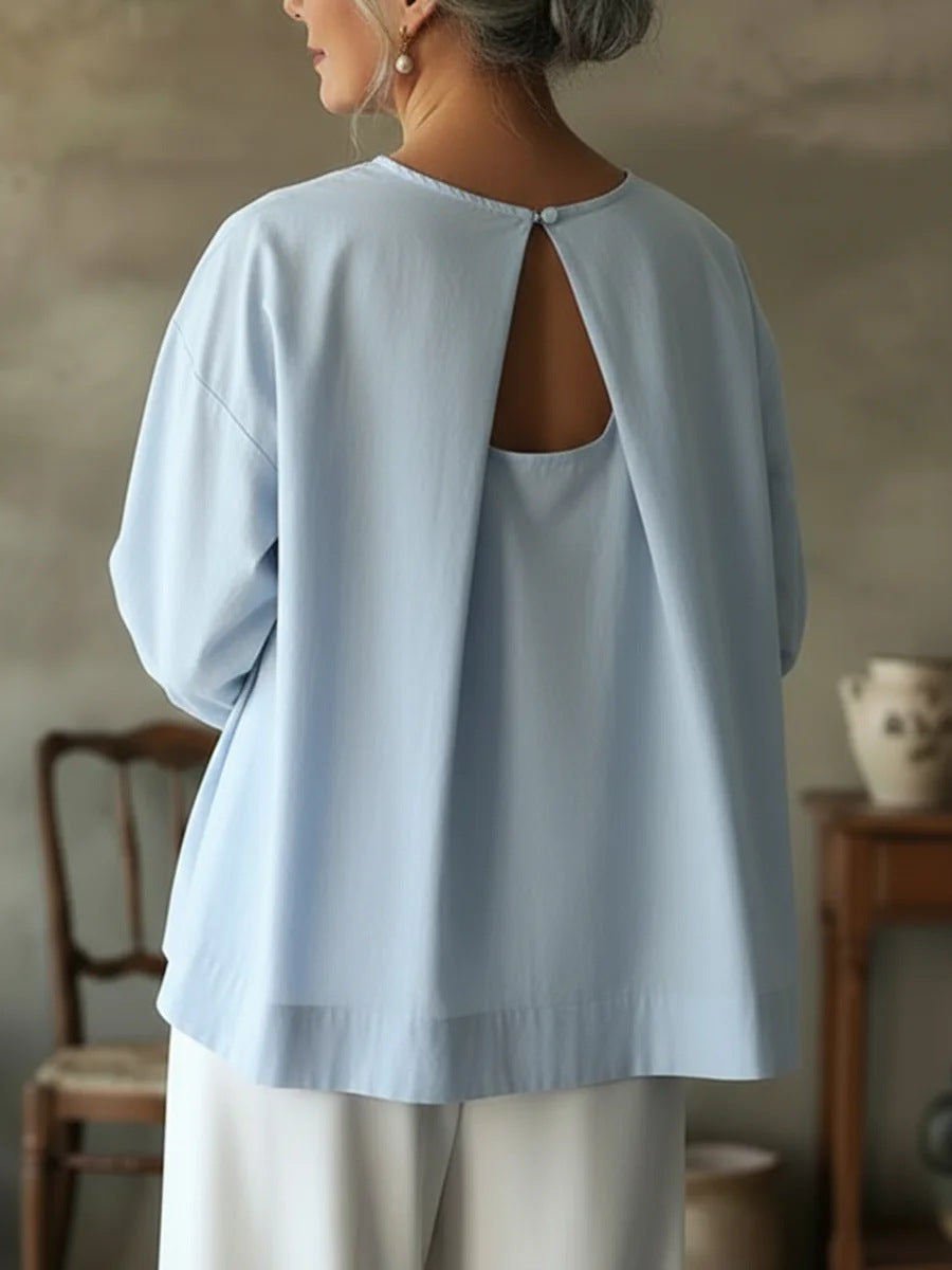 Elegant Open Back Short Sleeve Shirt Round Neck Top