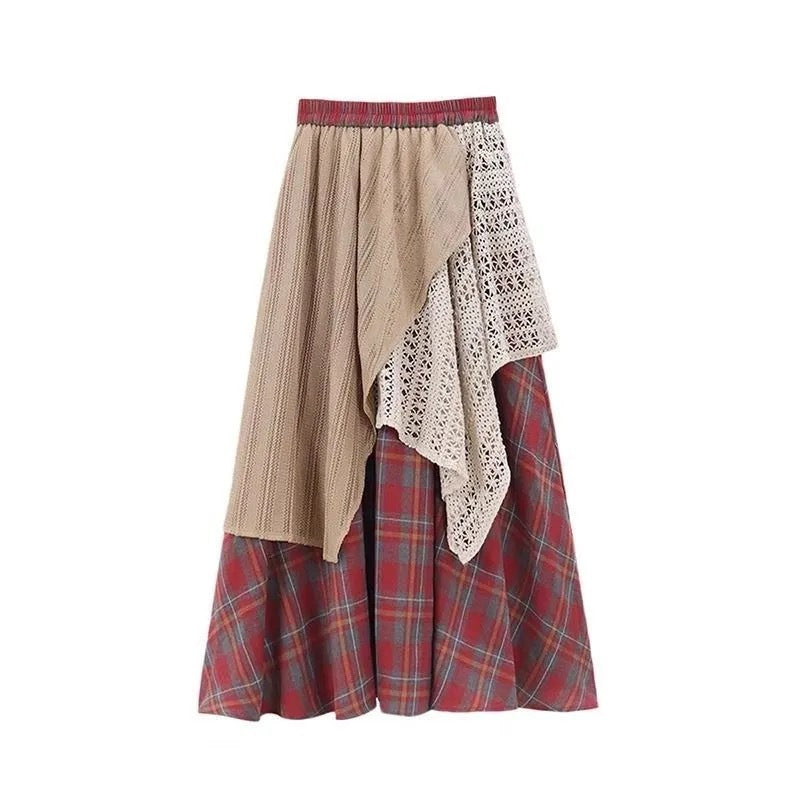 Vintage Plaid Irregular Stitching Skirt