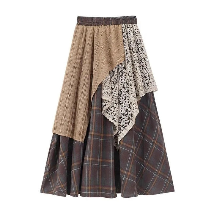 Vintage Plaid Irregular Stitching Skirt