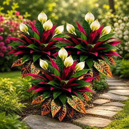 Autumn-themed garden arrangement featuring artificial peace lilies, red dracaena, and orange croton