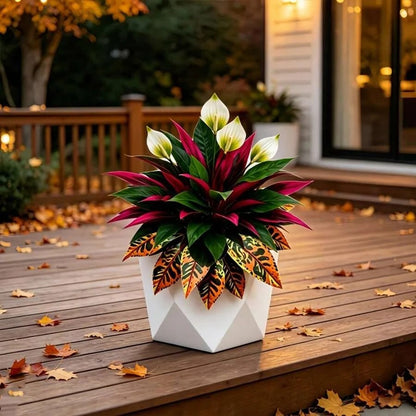 Autumn-themed garden arrangement featuring artificial peace lilies, red dracaena, and orange croton