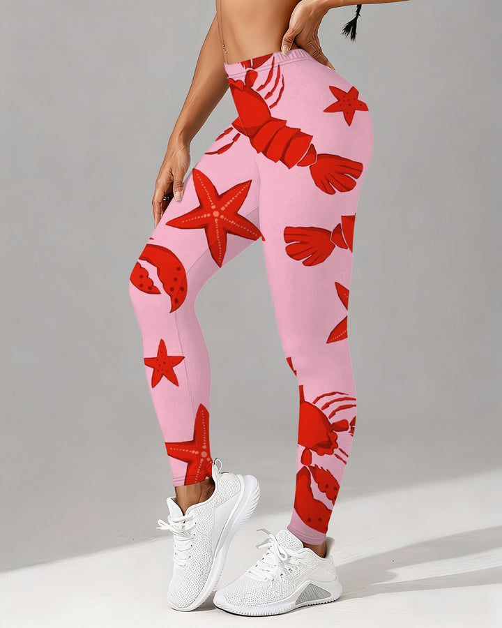 Fun Red Shrimp and Starfish High-waisted Fitted Stretchy Leggings