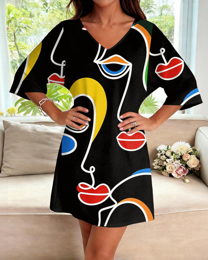 Black Background Abstract Face Line Printing V-neck Mini Dresses
