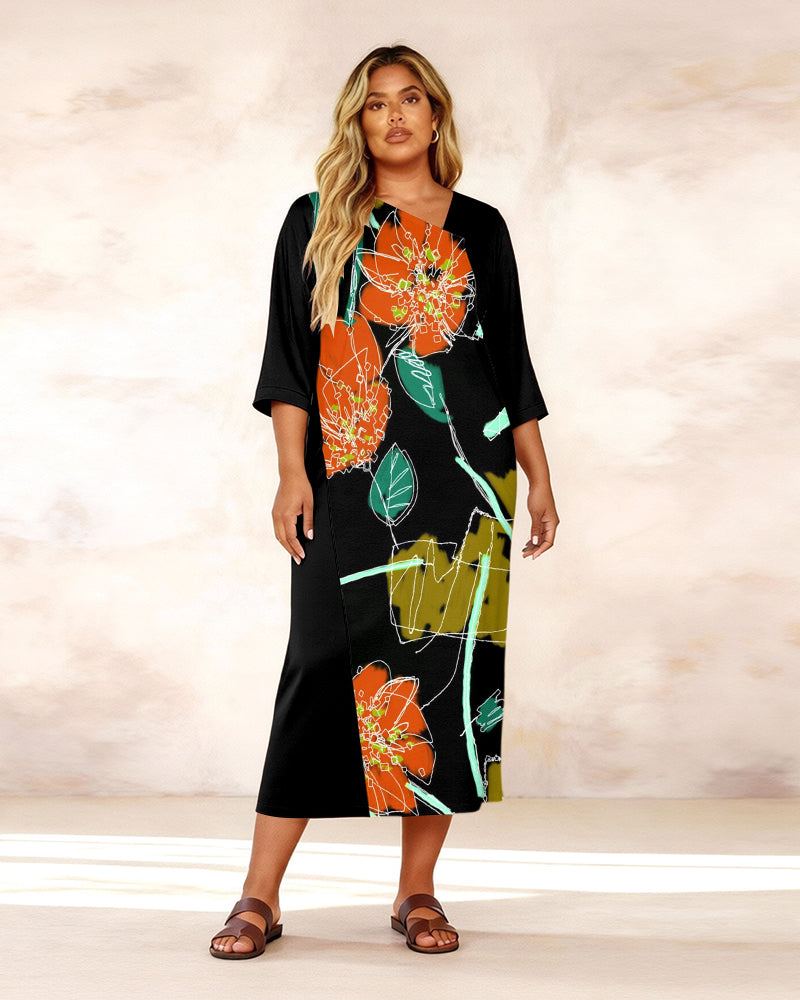 Irregular Neckline Abstract Floral Print Mid-sleeve Straight Maxi Dresses