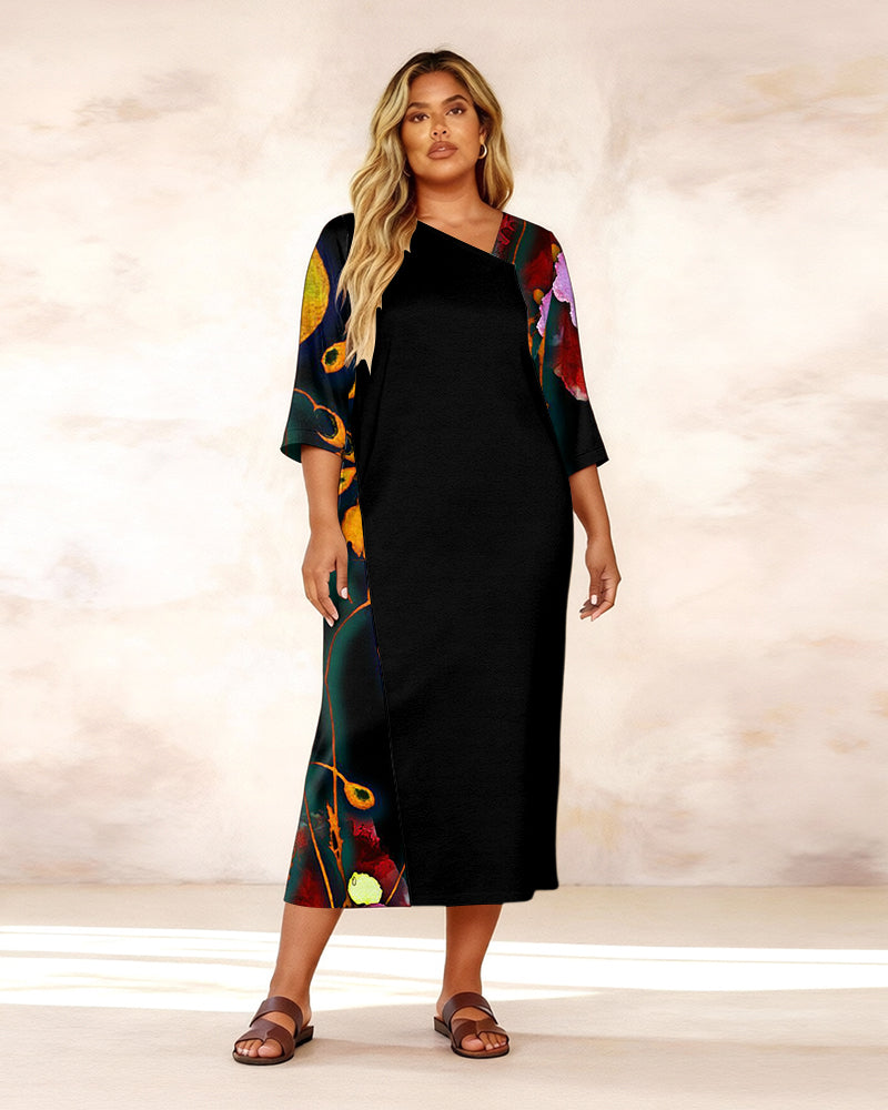 Irregular Neckline Oil Painting Strokes Floral Print Mid-sleeve Straight Maxi Dresses