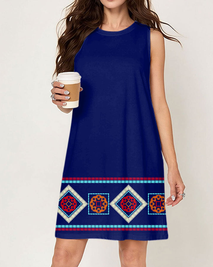 Simple Skirt Printed Sleeveless Dress Blue