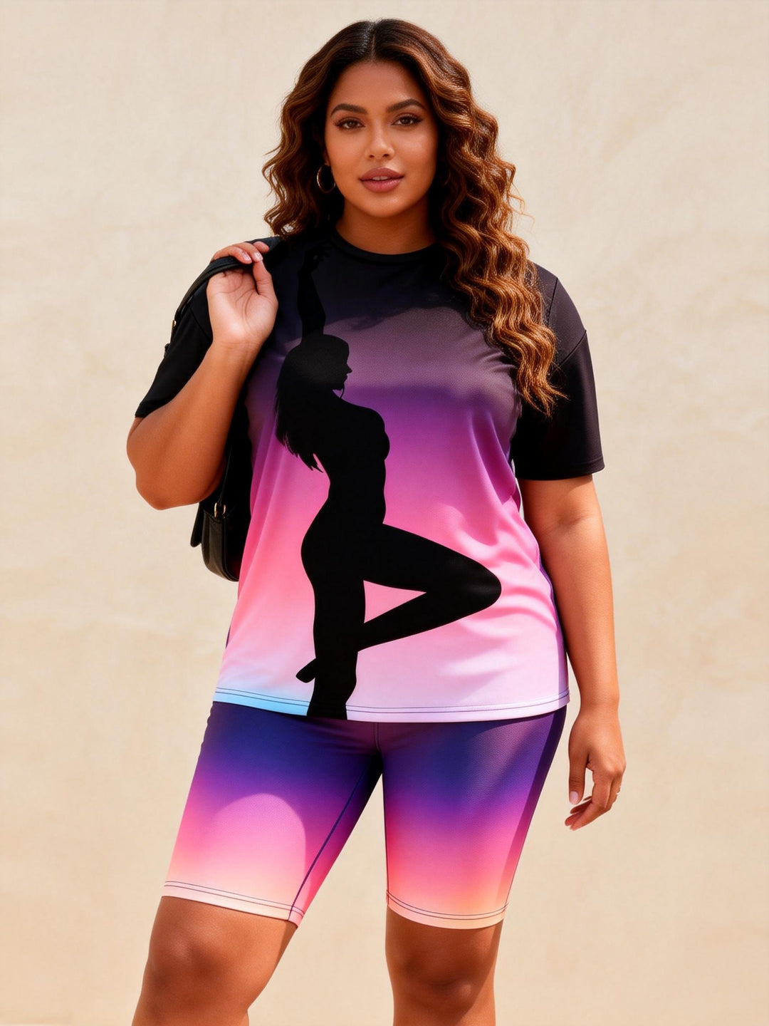 Pink And Purple Gradient Dancer Silhouette Print Casual Shorts Set