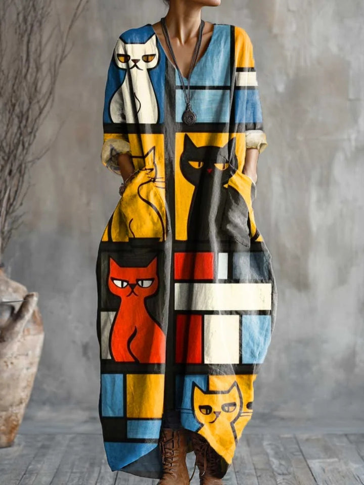 Mondrian Style Kitty Geometric Print Loose V-Neck Pocket Dress