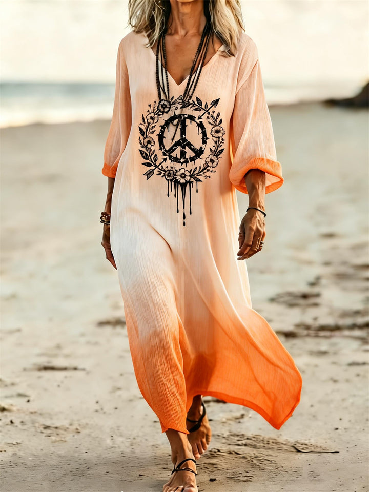Gradient Peace Symbol Floral Print V-Neck Holiday Dress