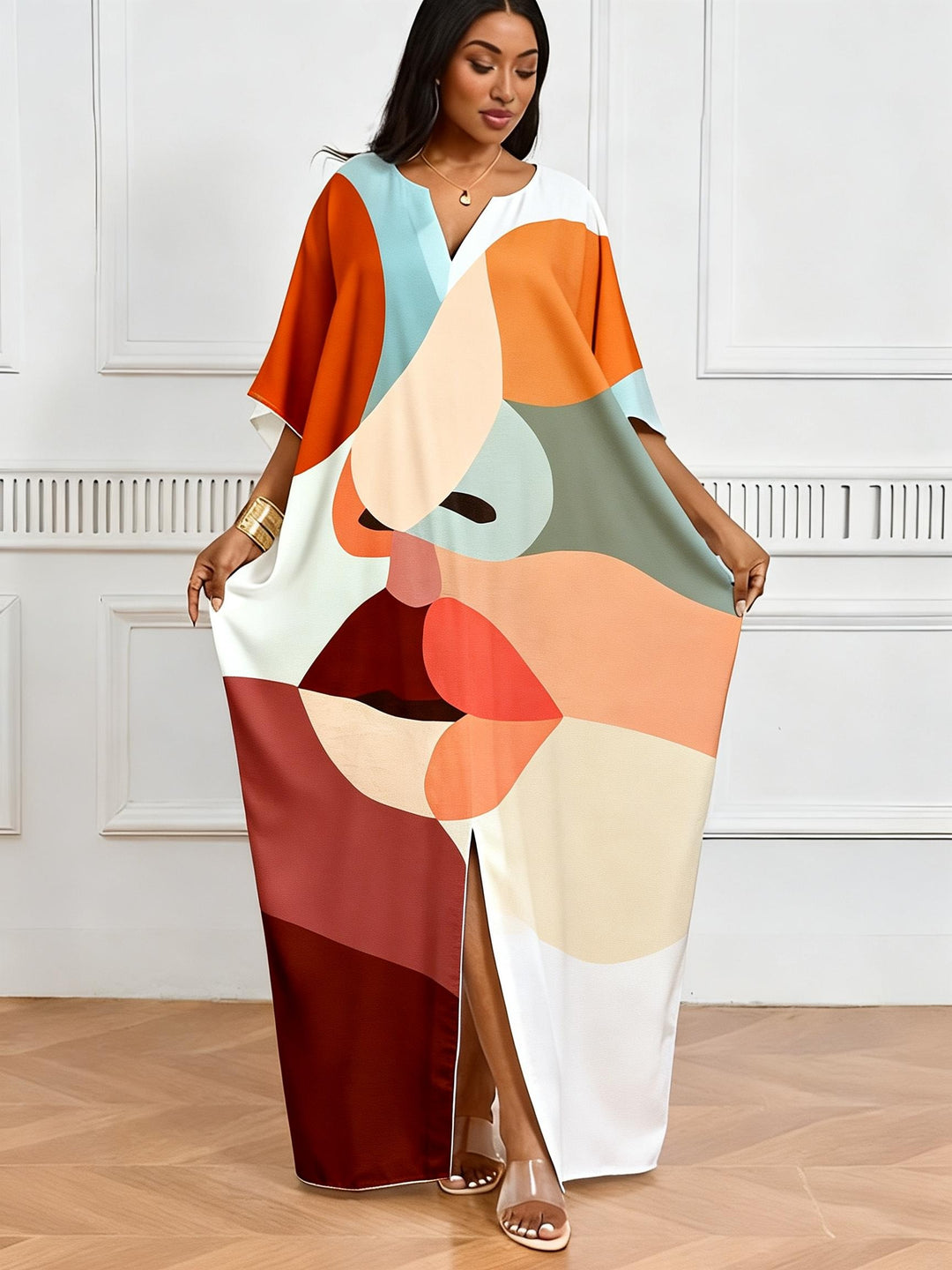 Warm Geometric Face V-neck Casual Elegant Dress