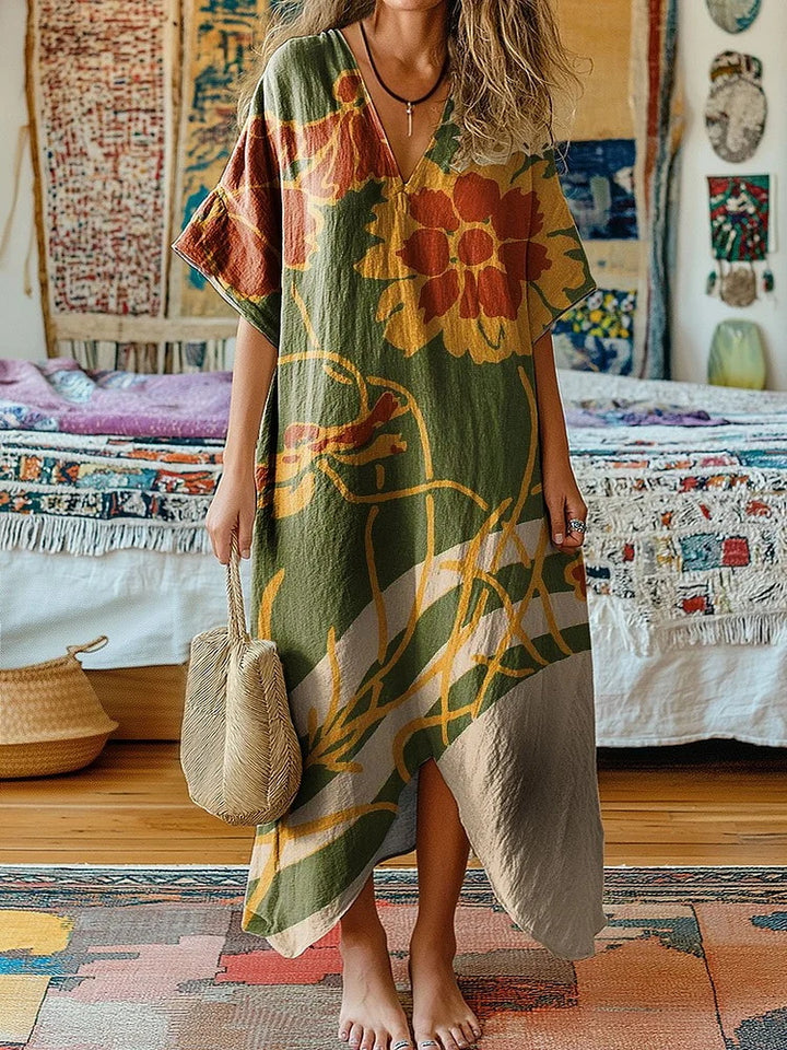 Abstract Large Flower Colorblock Printed V-Neck Long Dress