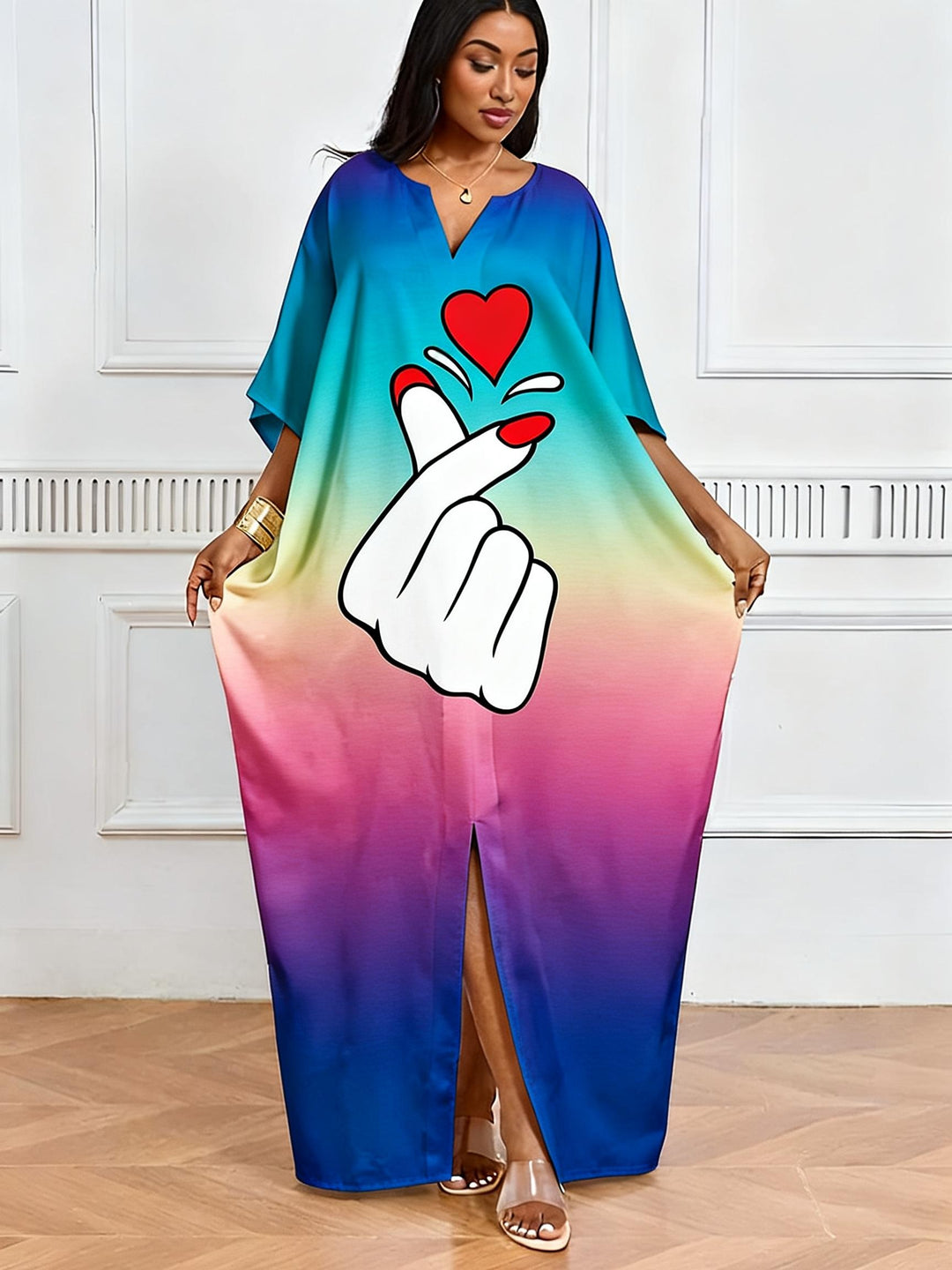 Gradient Rainbow Heart-to-Heart Gesture V-Neck Casual Elegant Dress