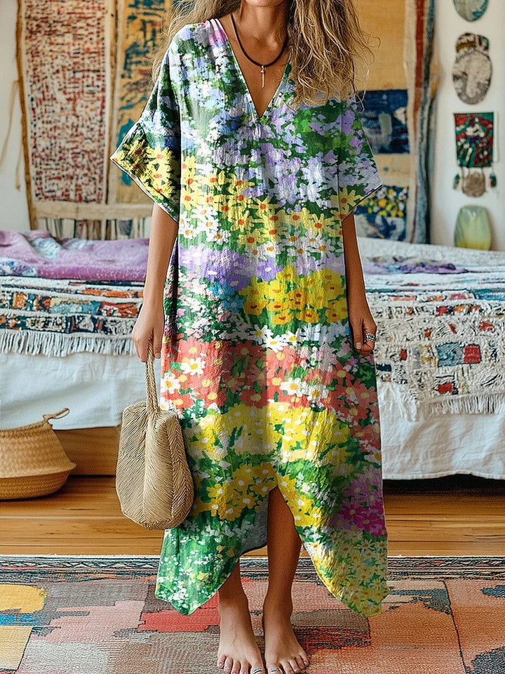 Colorful Floral Print V-Neck Long Dress