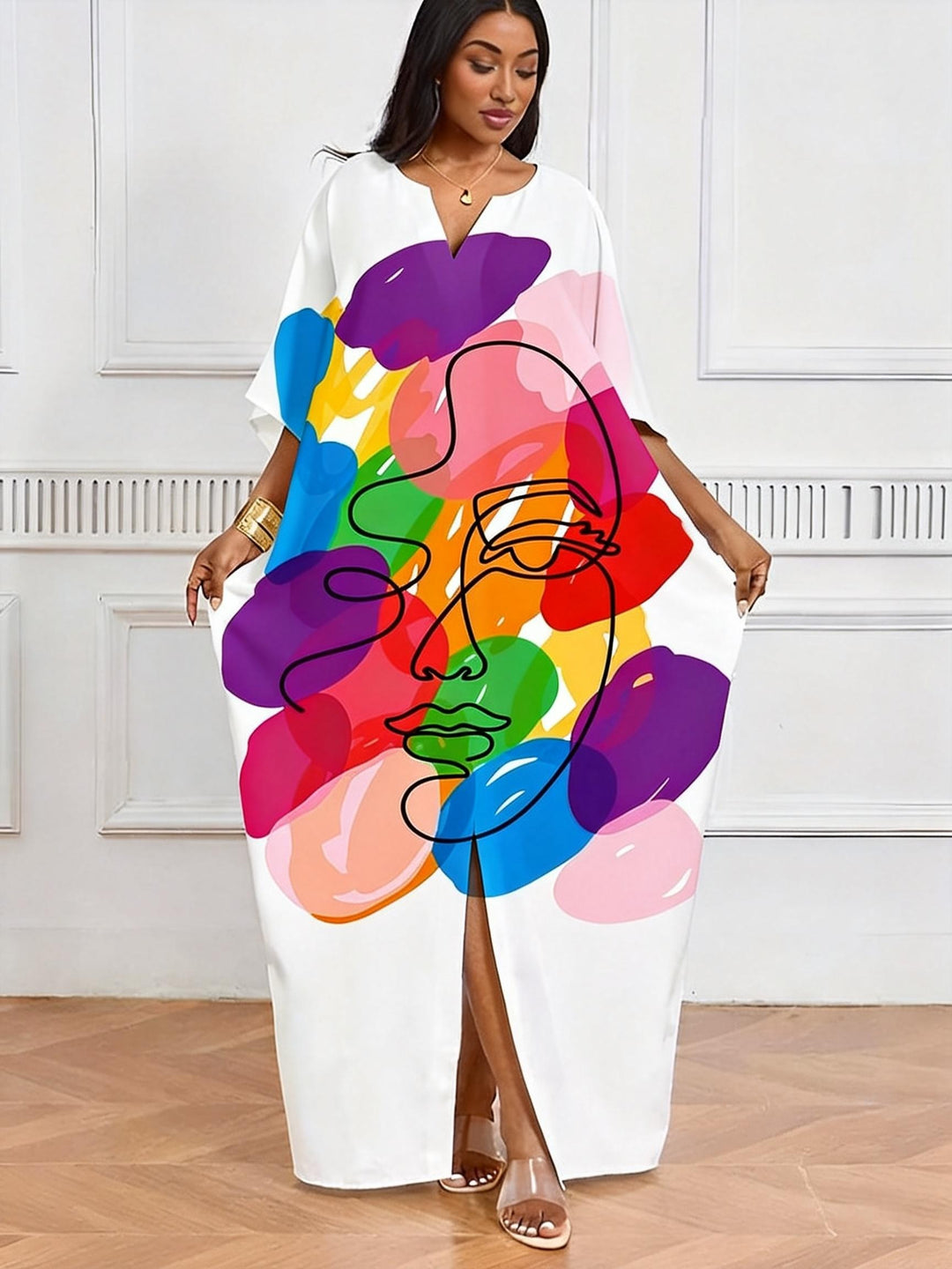 Colorful Splash Ink Line Face V-neck Casual Elegant Dress