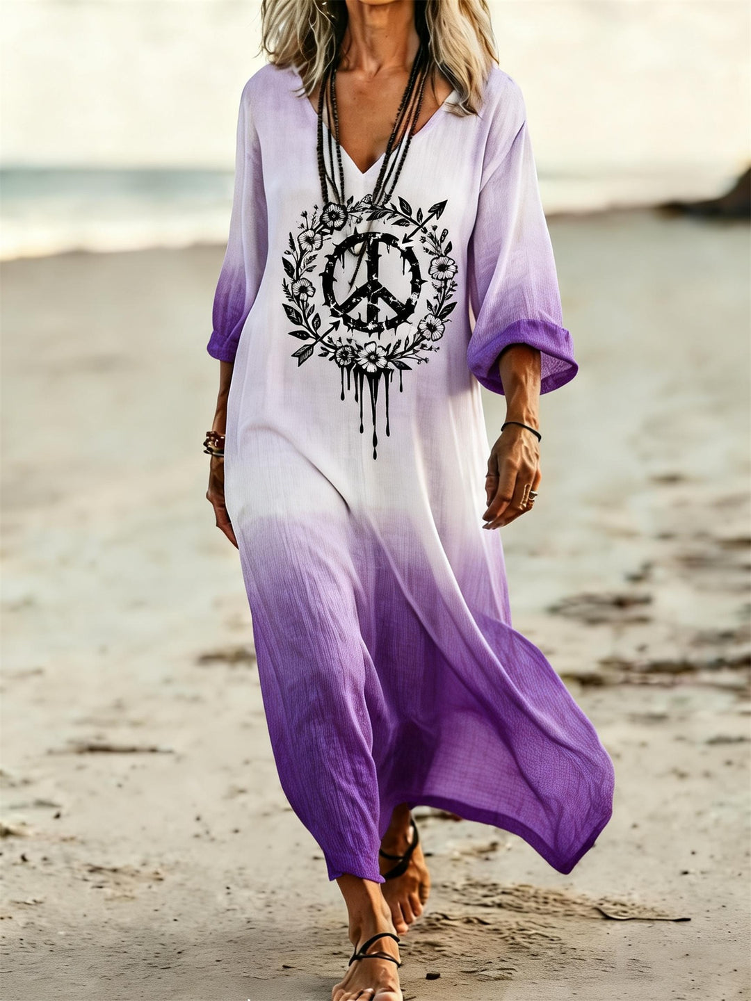 Gradient Peace Symbol Floral Print V-Neck Holiday Dress