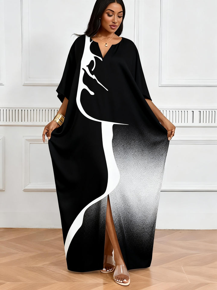 Black And White Gradient Abstract Face V-Neck Casual Elegant Dress