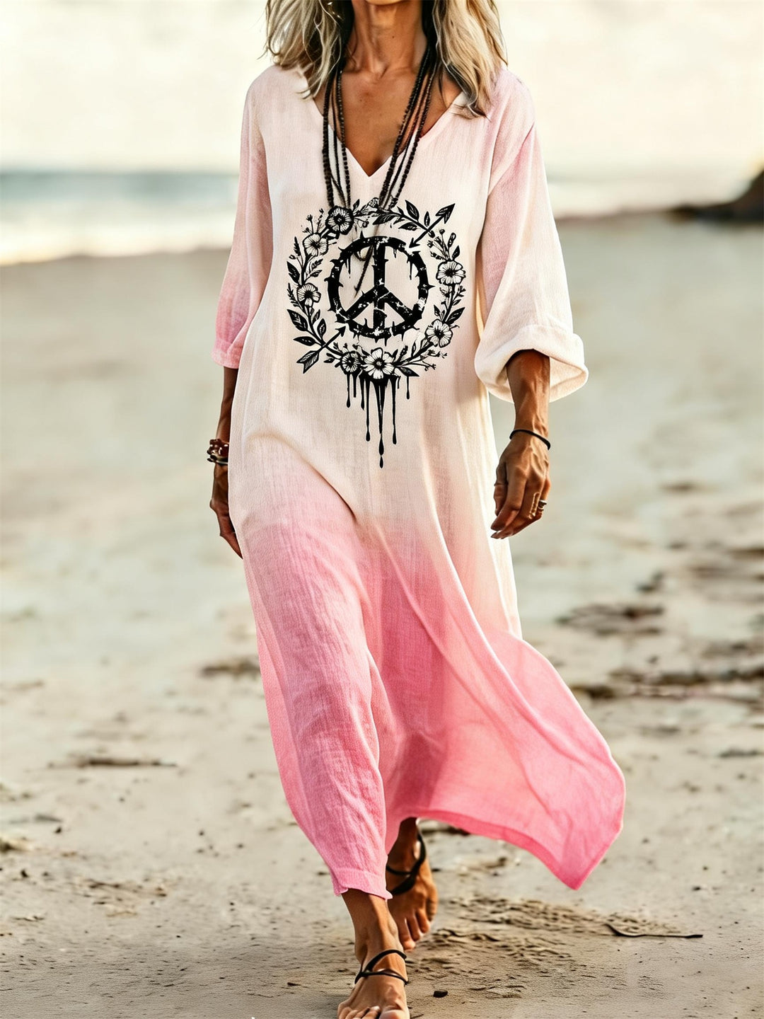 Gradient Peace Symbol Floral Print V-Neck Holiday Dress