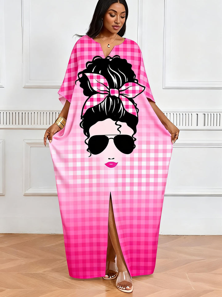 Pink Plaid Sunglasses Girl V-Neck Casual Elegant Dress