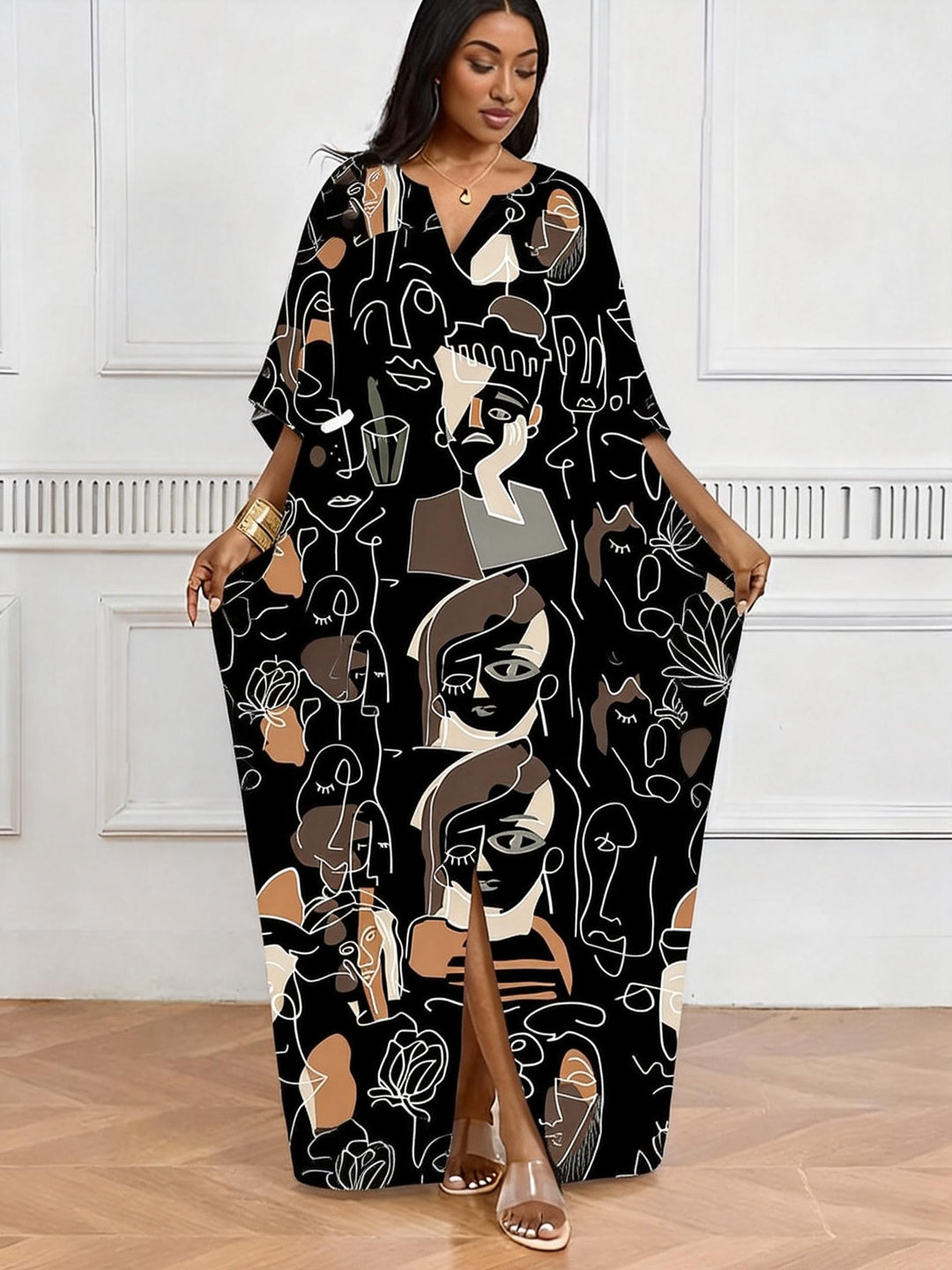 Black Background Abstract Line Portrait V-neck Casual Elegant Dress
