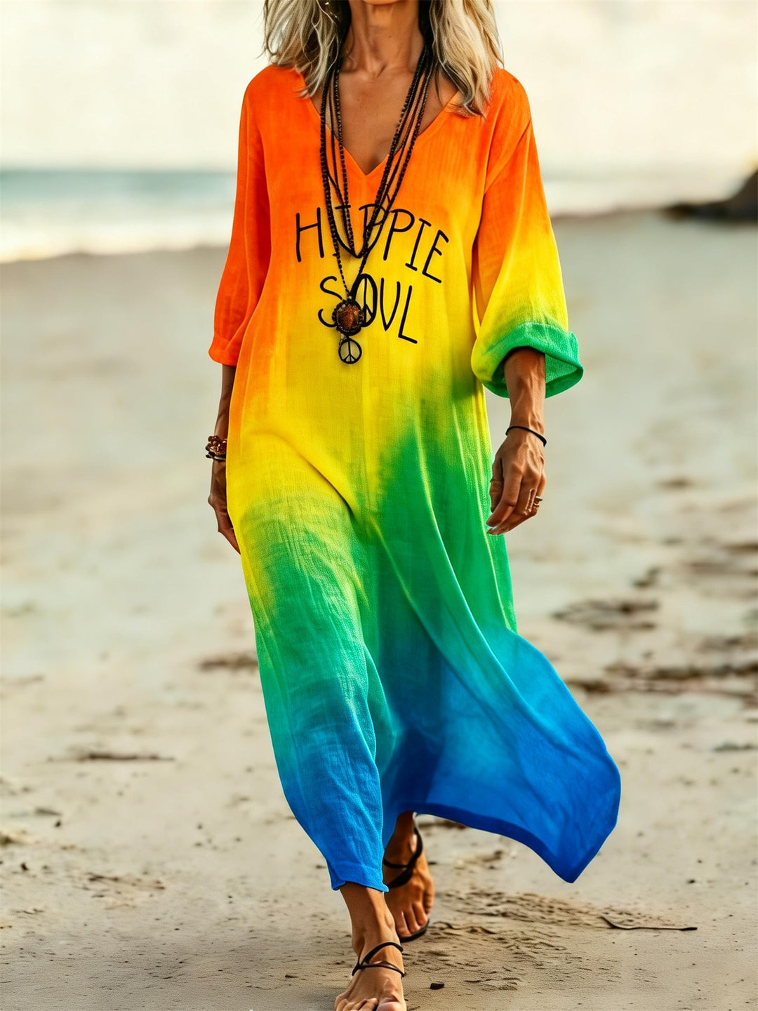 HIPPIE SOUL Peace Symbol Printed V-Neck Holiday Dress