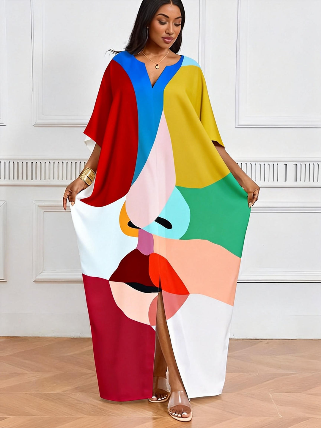 Contrast Geometric Face Stitching V-neck Casual Elegant Dress