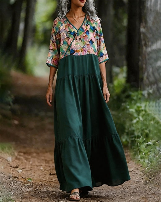 Watercolor Floral V-neck Large Swing Dress