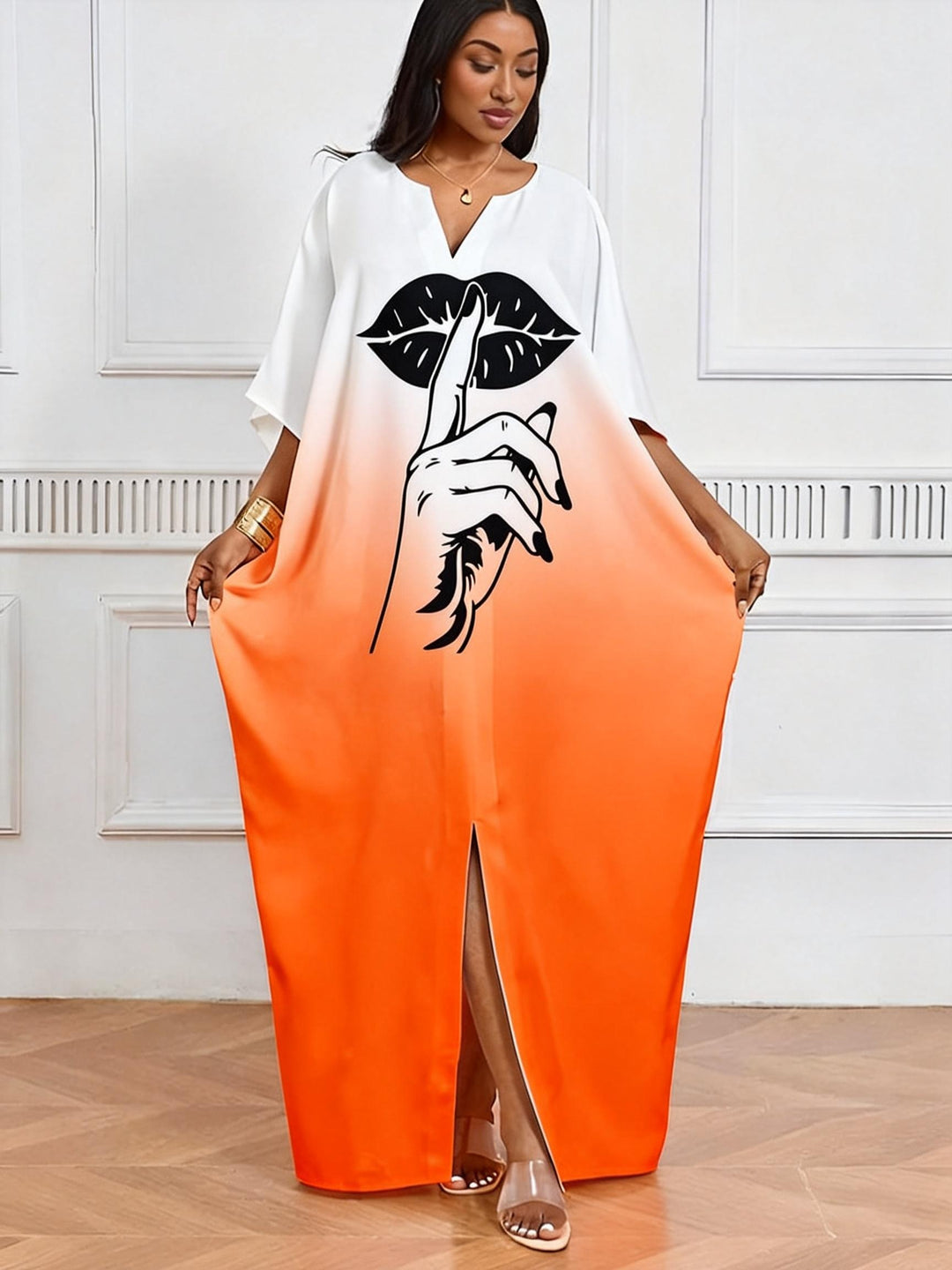 Gradient Orange Black Lip Print Gesture V-Neck Casual Elegant Dress