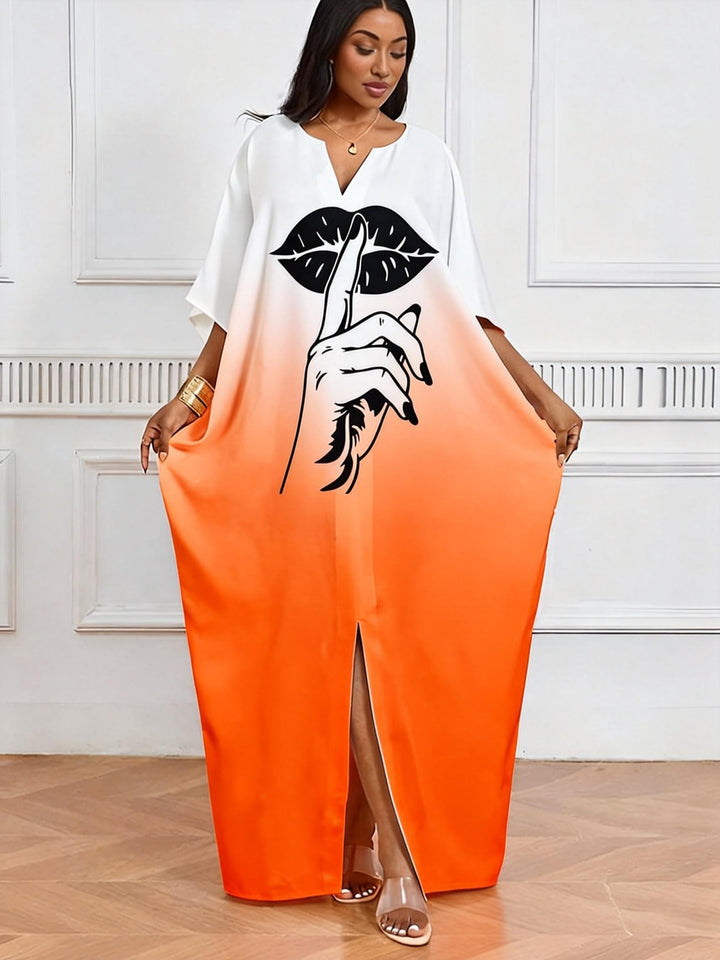 Gradient Orange Black Lip Print Gesture V-Neck Casual Elegant Dress