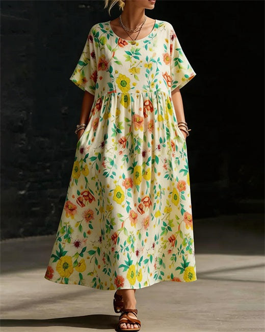Fresh Watercolor Floral Cotton Linen Loose Dress