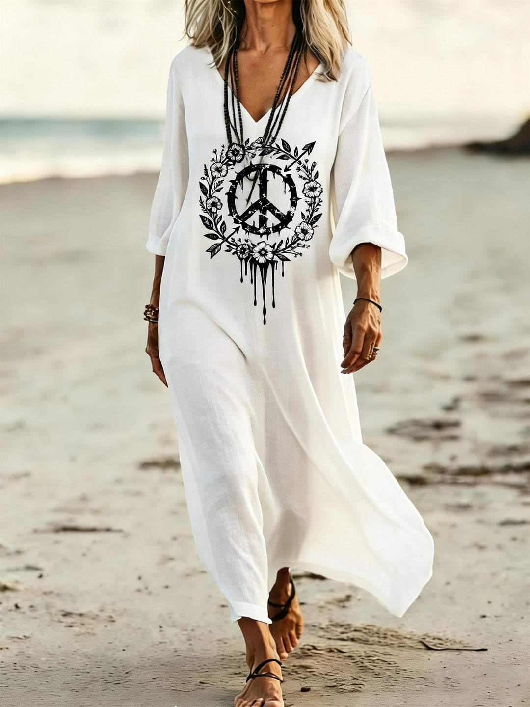 Gradient Peace Symbol Floral Print V-Neck Holiday Dress